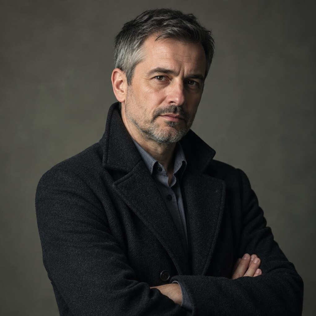 Portrait of a Croatian male writer in his forties wearing a dark coat