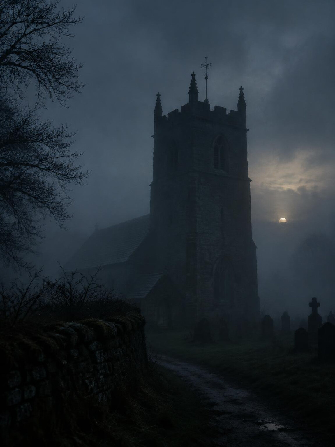 Dark moody cover artwork of an old stone building in fog